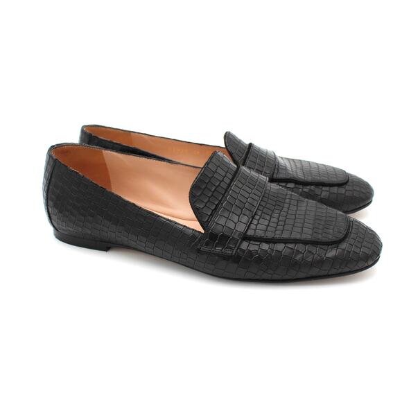 Stuart Weitzman Loafer Women 8.5 Black Croc Embossed Leather Slip On Flat Preppy - Picture 1 of 8